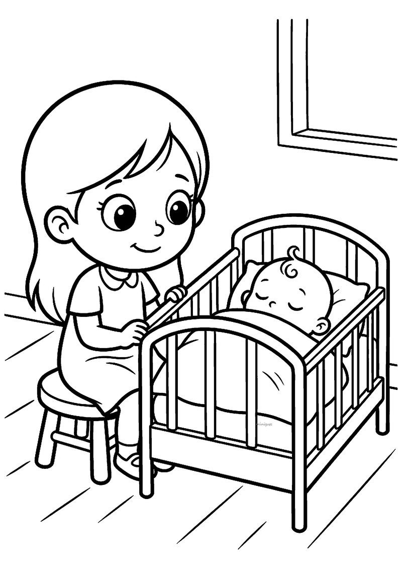 Kleurplaat van een meisje met lang haar dat op een krukje naast de wieg zit en naar de slapende baby kijkt