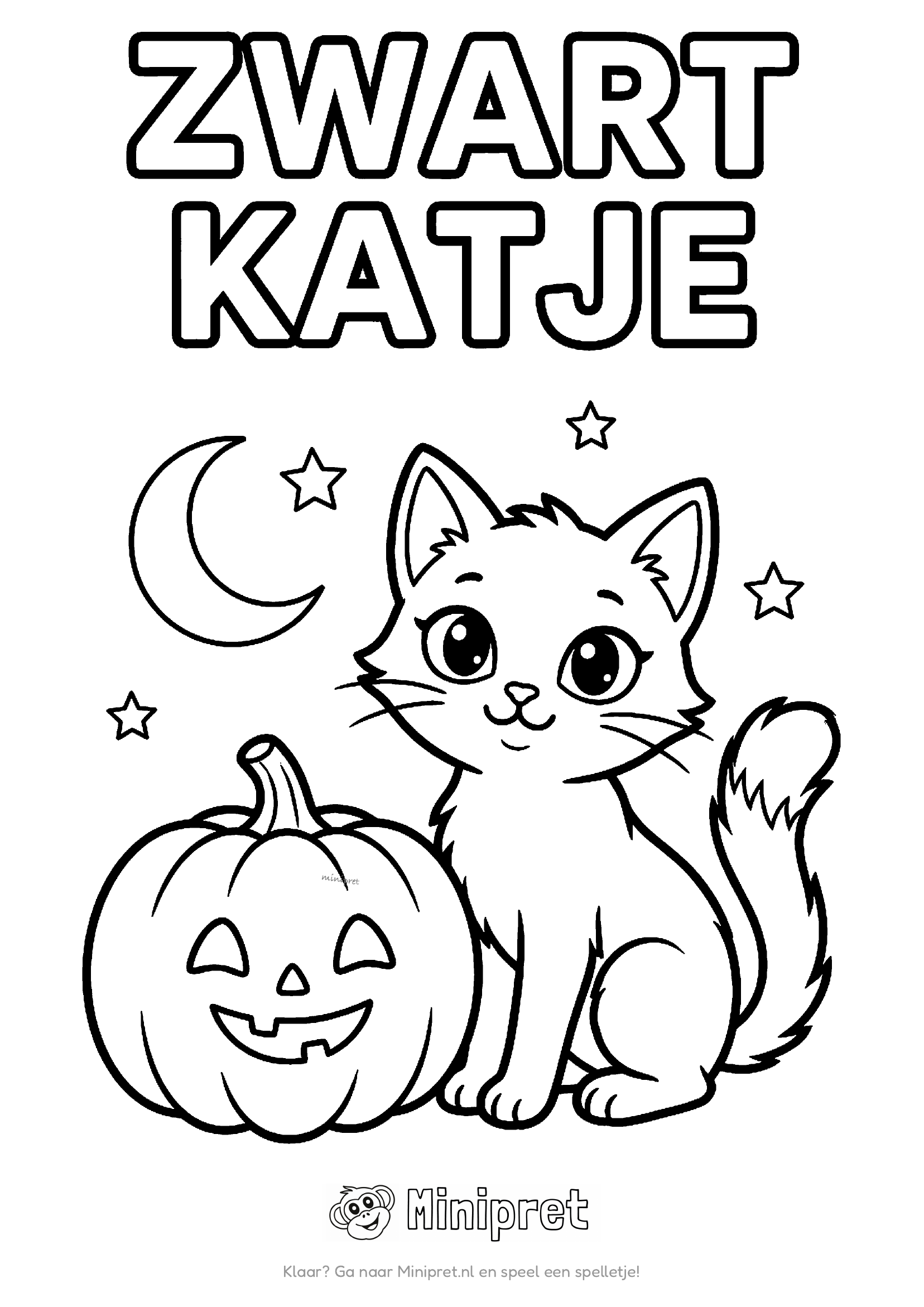 Zwart katje kleurplaat — klein zwart katje met grote gele ogen en een spookachtige sterhemel achter zich