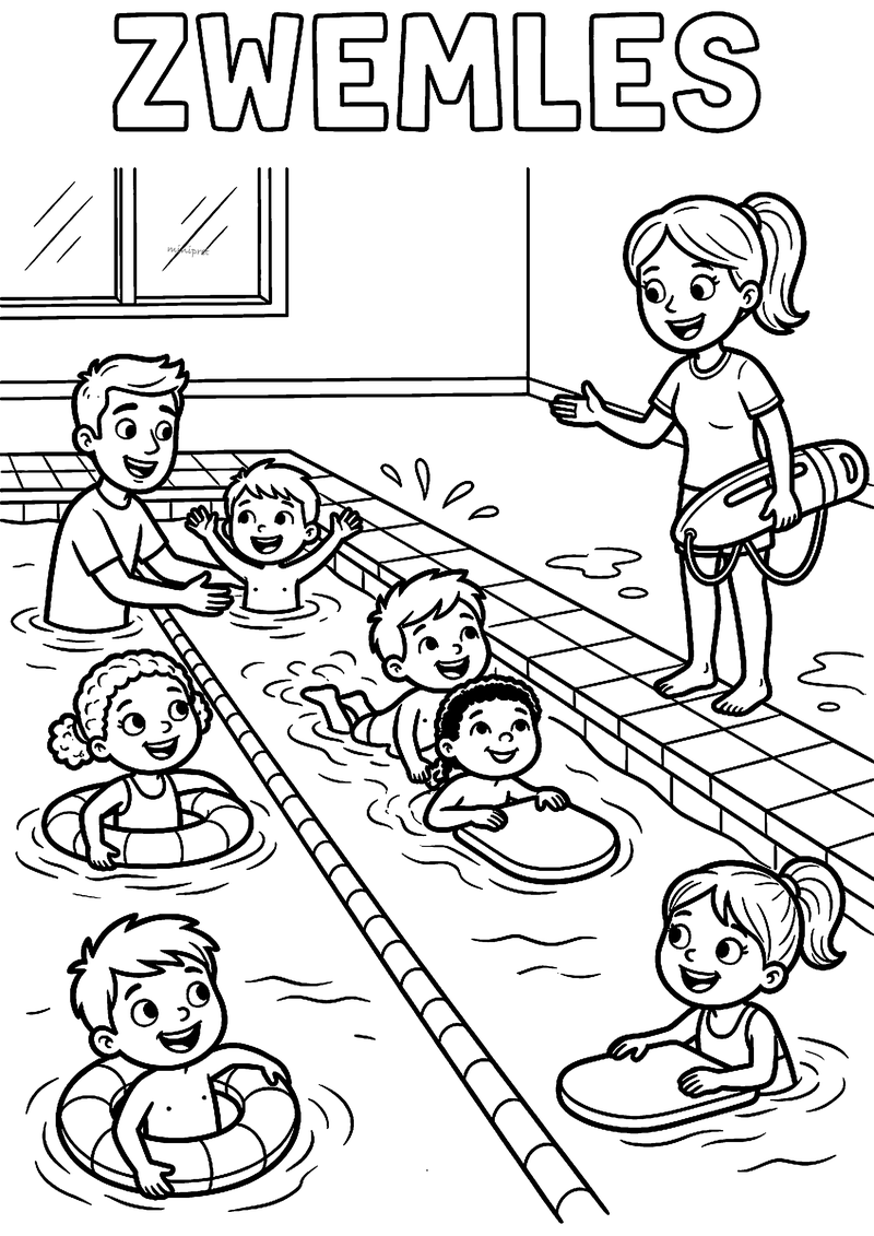Kleurplaat Zwemles: kinderen met zwembanden en plankjes in het zwembad, met een zwemjuf en een begeleider