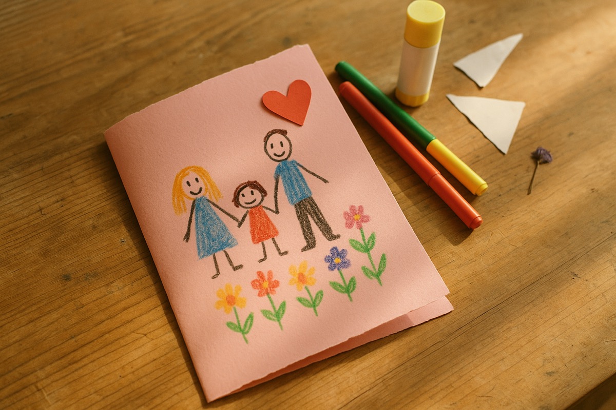 Twee kinderen maken samen moederdagkaarten aan de keukentafel met verf, papier en stiften