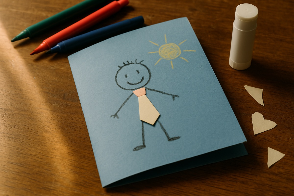 Kind maakt een zelfgemaakte vaderdagkaart aan de keukentafel met verf, stift en gekleurd papier