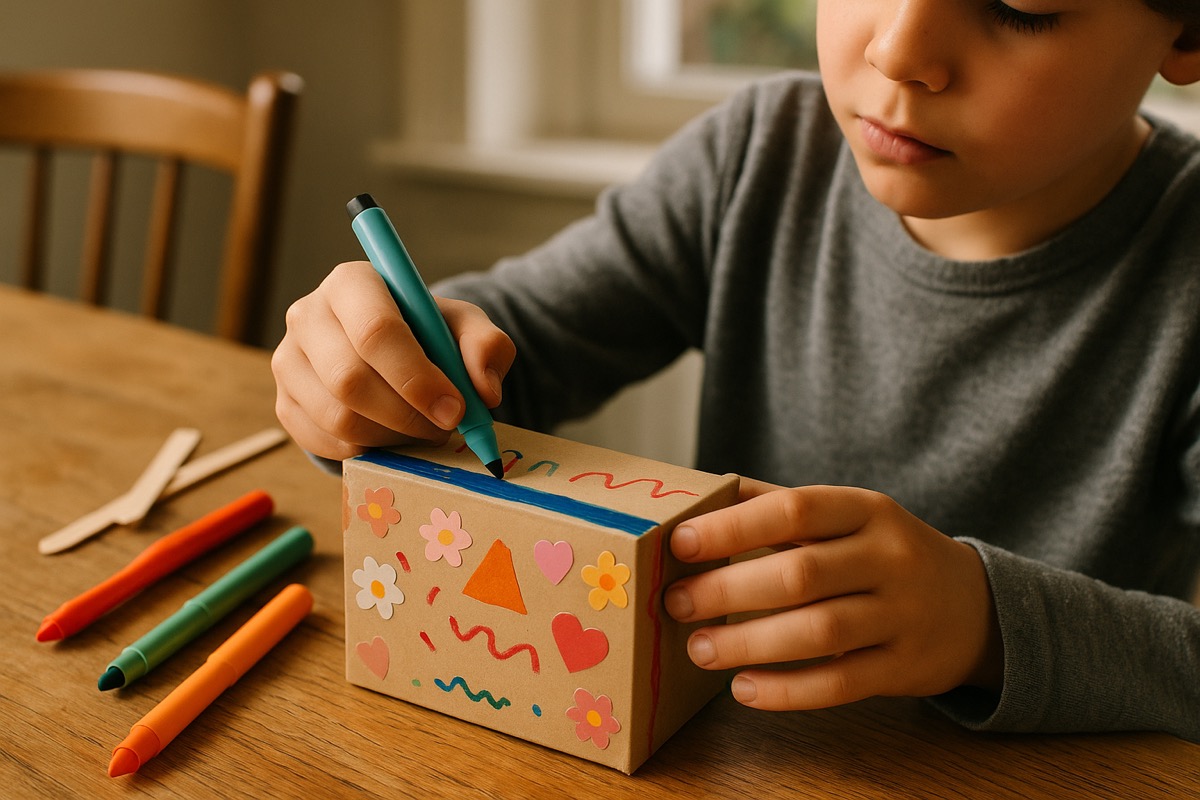 Kind knutselt aan de keukentafel een vaderdagcadeautje met papier, stift en lint