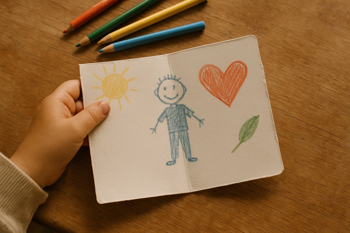 Kind schrijft met viltstift een vaderdagversje in een zelfgemaakte kaart aan de keukentafel