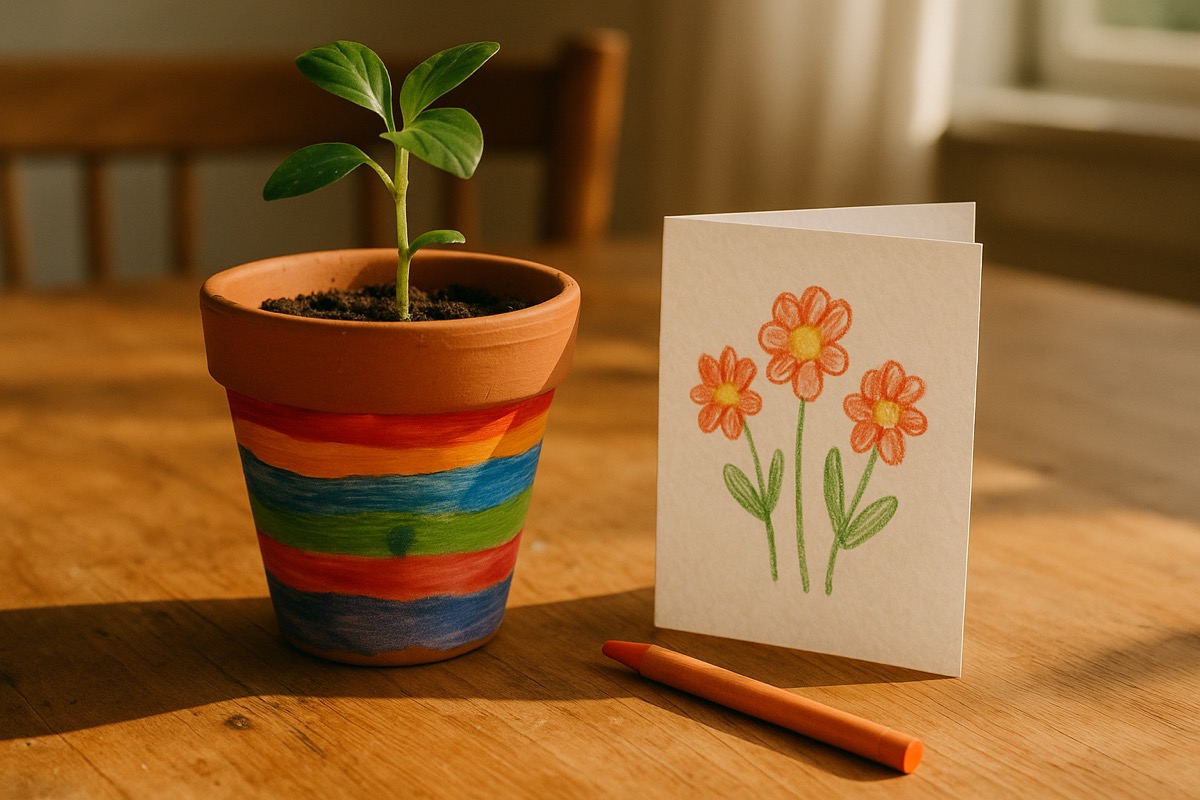 Kind overhandigt een zelfgemaakt cadeautje aan een ouder in de keuken op moederdag