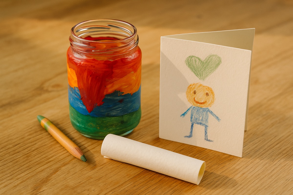 Kind maakt een zelfgemaakt cadeau voor vaderdag aan de keukentafel met verf, papier en een klein potje.