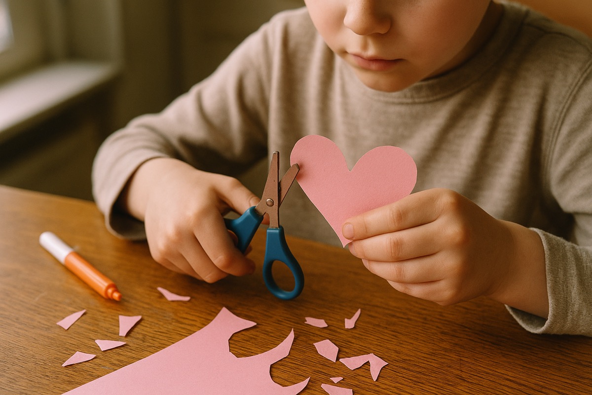 Overhead shot van een keukentafel met knutselspullen, verf en gekleurd papier, waar twee kinderen samen aan een moederda