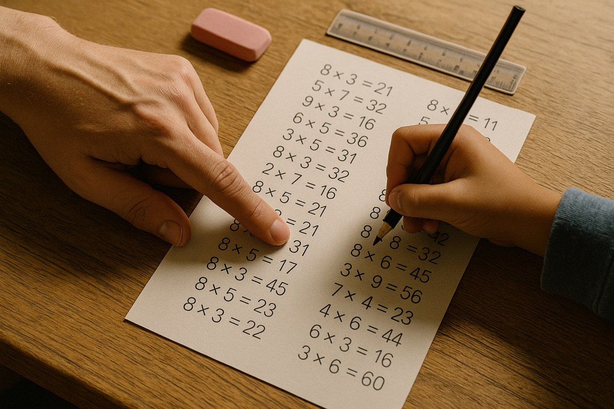 Ouder en kind oefenen samen aan de keukentafel met flitskaartjes en een schriftje de tafels van vermenigvuldigen.