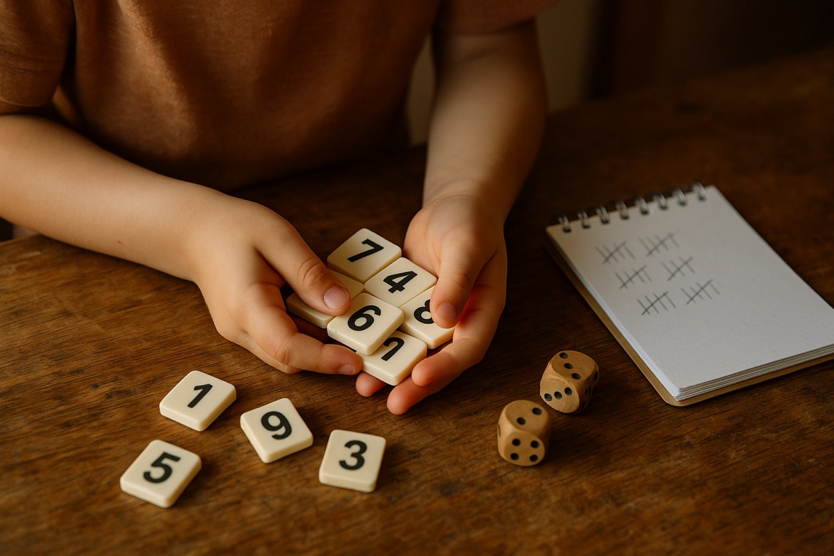 Kind speelt een tafelspelletje met dobbelstenen en kaarten aan de keukentafel