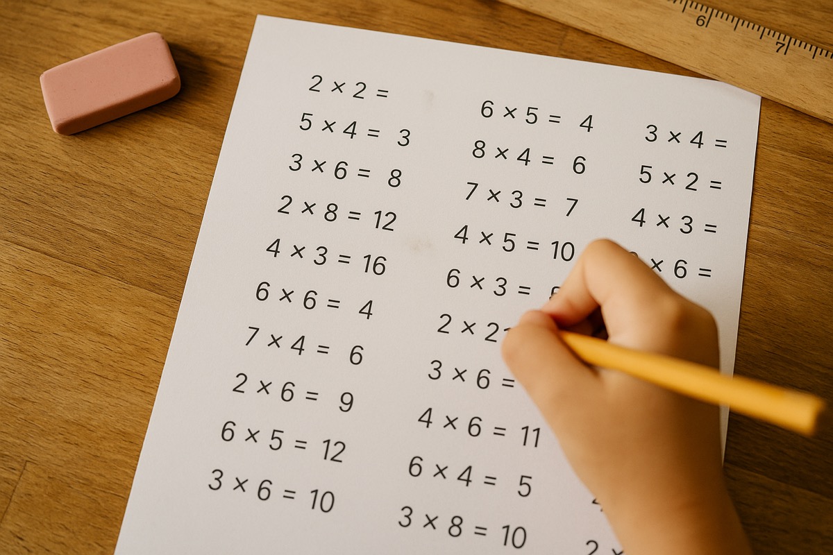 Uitgeprinte tafelwerkbladen op de keukentafel met een potlood en een kind dat een rij sommen invult.