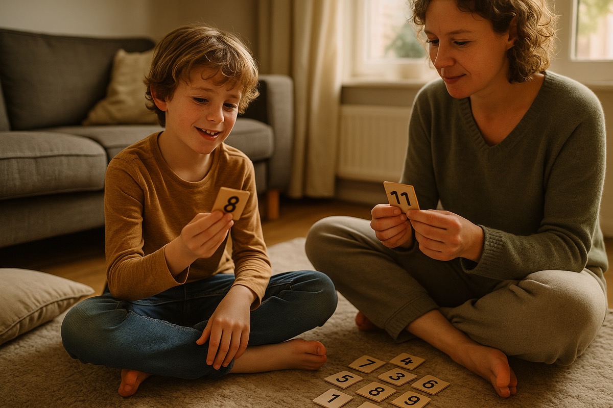Ouder en kind aan de keukentafel, samen een oefenblad met tafelsommen invullen met potlood