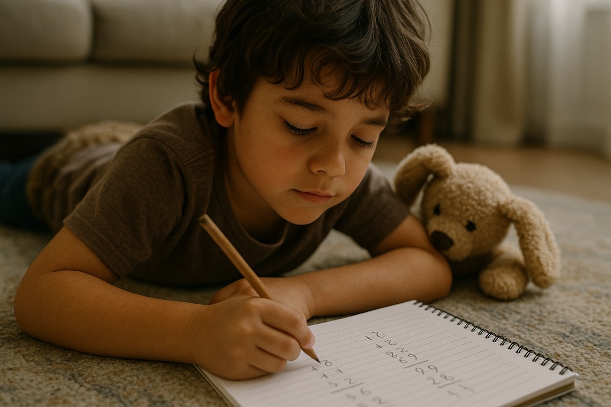 Kind oefent tafels aan de keukentafel met een potlood en een schrift, ouder zit rustig naast het kind