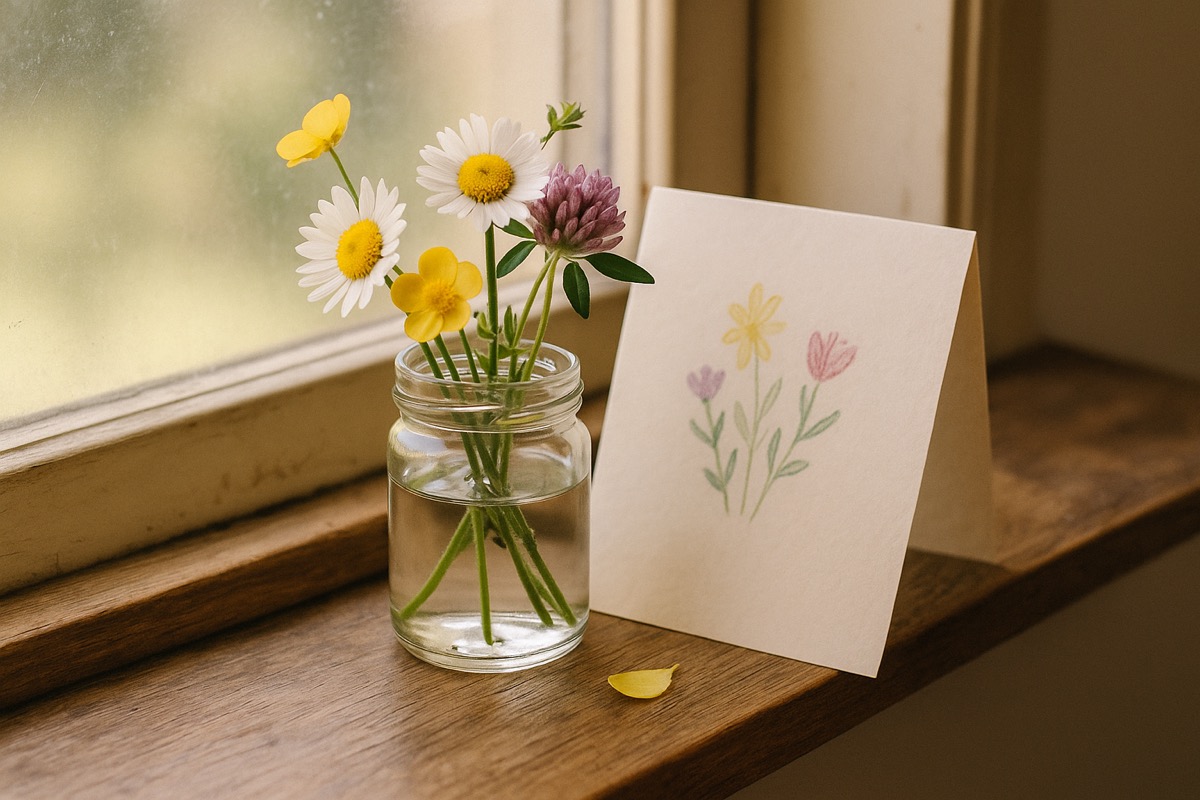 moederdag ontbijtopstelling op tafel met bloemen en kaart