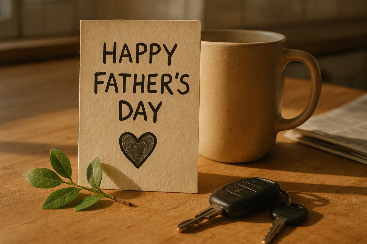 Kind overhandigt zelfgemaakte vaderdagkaart aan zijn vader tijdens ontbijt op bed