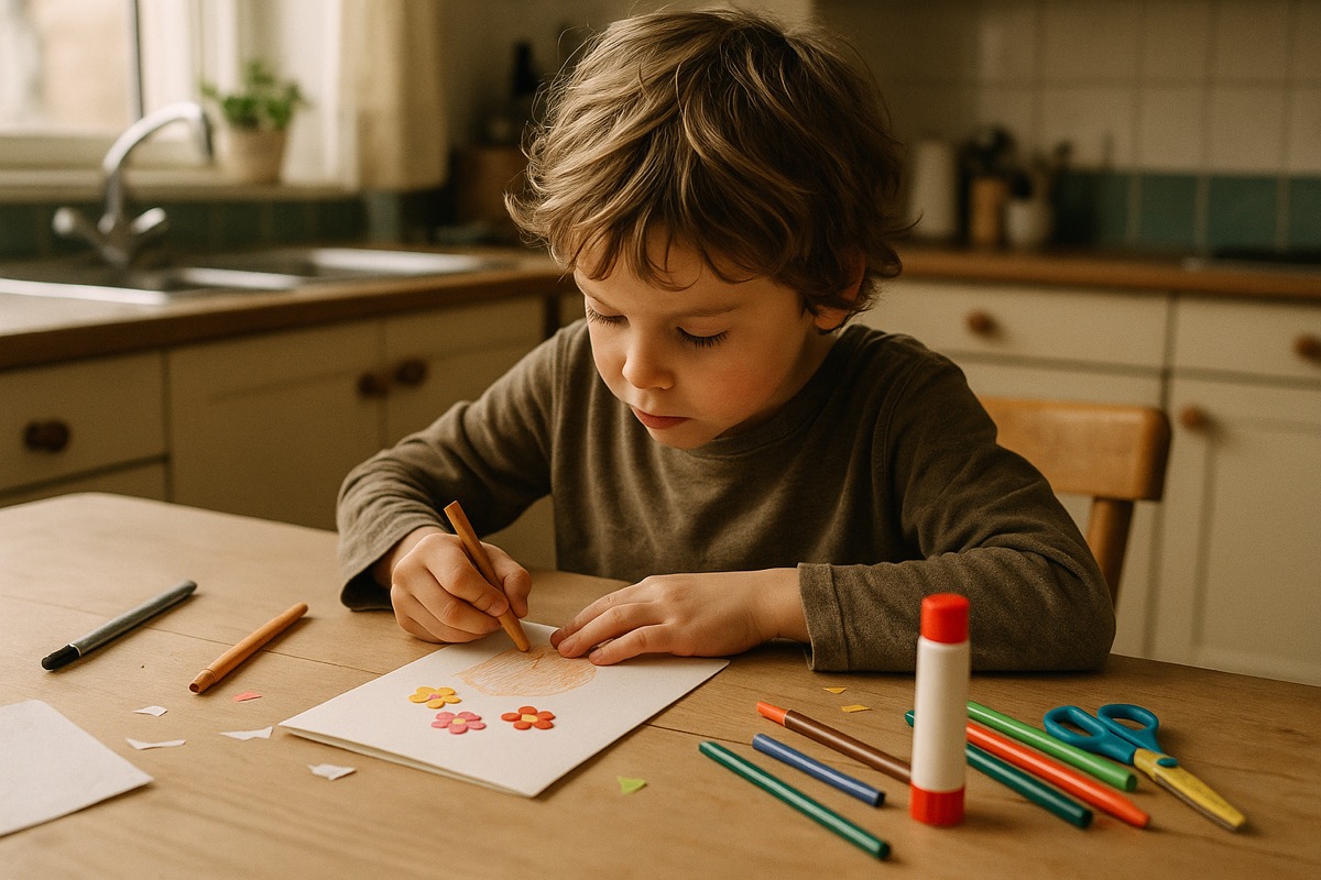 Moeder met twee kinderen aan de keukentafel op zondagochtend, met een zelfgemaakte kaart en een boeket bloemen ernaast