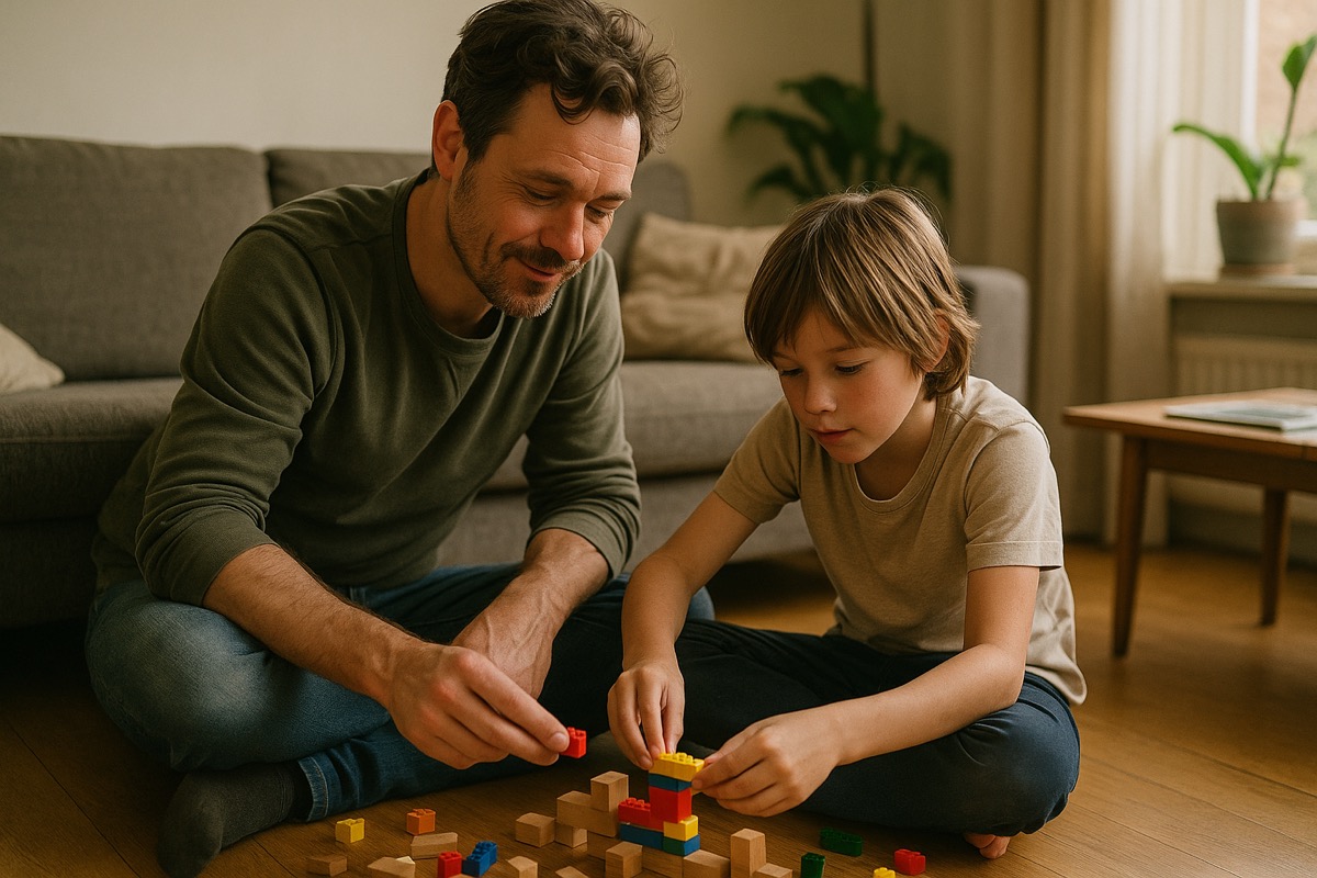 Vader knuffelt twee kinderen in de tuin terwijl het jongste kind hem een zelfgemaakte vaderdagkaart overhandigt