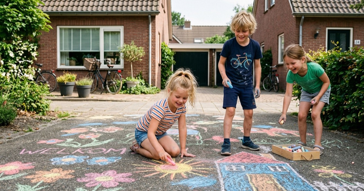 Kinderen kleuren en tekenen samen aan een houten keukentafel in een lichte ruimte.