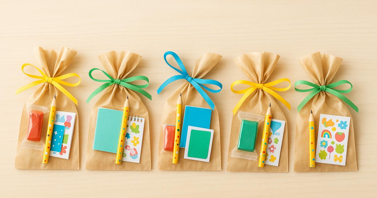 Uitdeelzakjes met snoep, stoepkrijt en bellenblaas klaar voor een kinderfeestje thuis