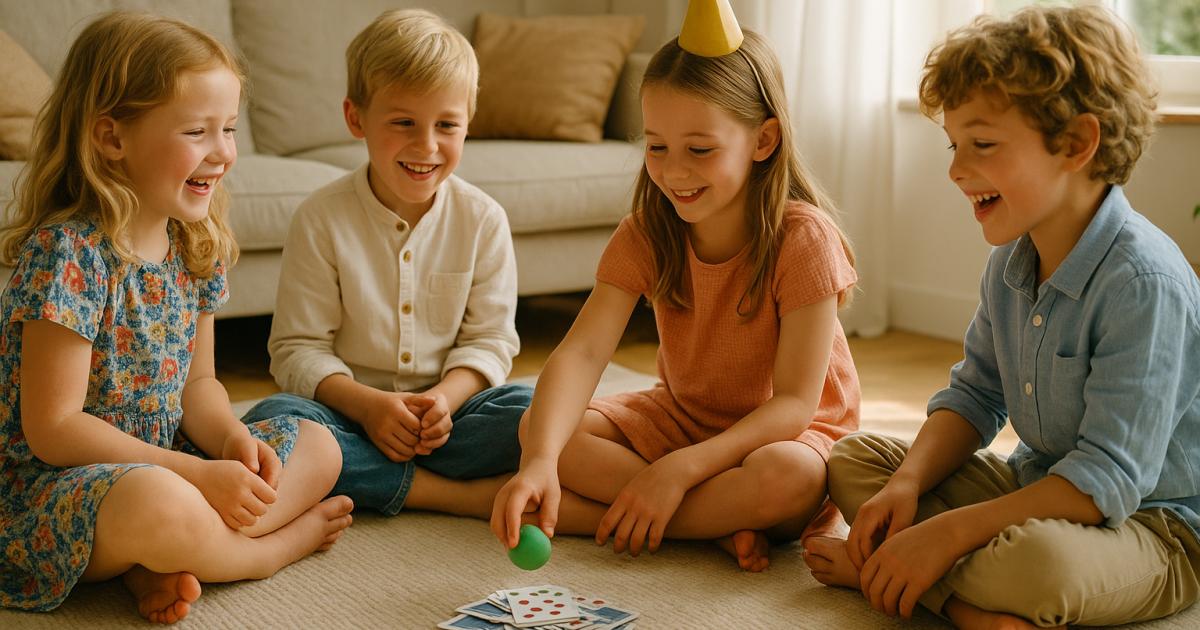 Kinderen spelen een groepsspel in de woonkamer op een kinderfeestje met ballonnen en slingers