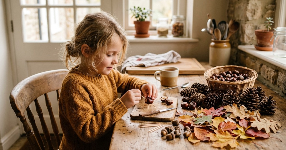Kind aan tafel met kastanjes, dennenappels en herfstbladeren