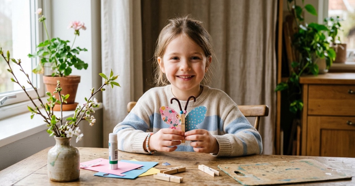 Kind aan tafel met wasknijper-vlinder en lente-takjes