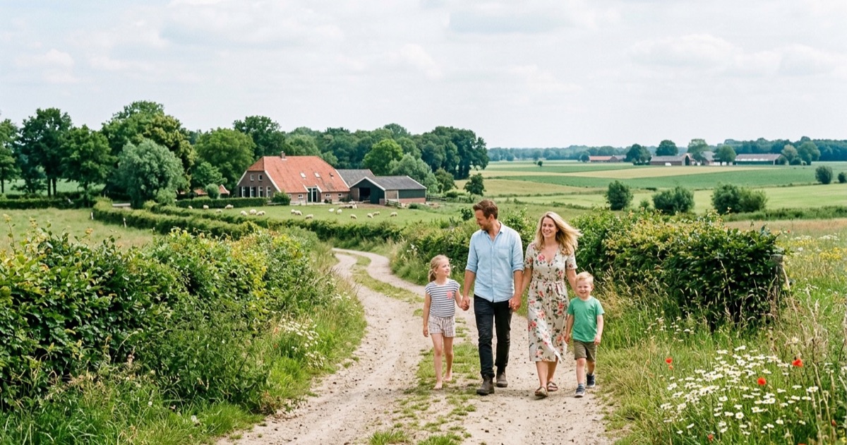 Een Nederlands gezin fietst over een rustige weg langs houtwallen en weilanden in de Achterhoek