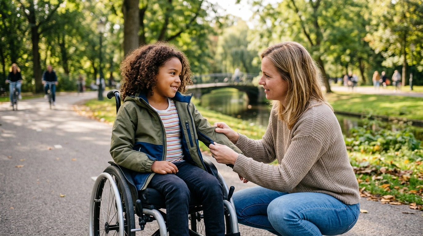 Kind in een rolstoel met ouder die adaptieve jas helpt aandoen in zonnige Nederlandse park