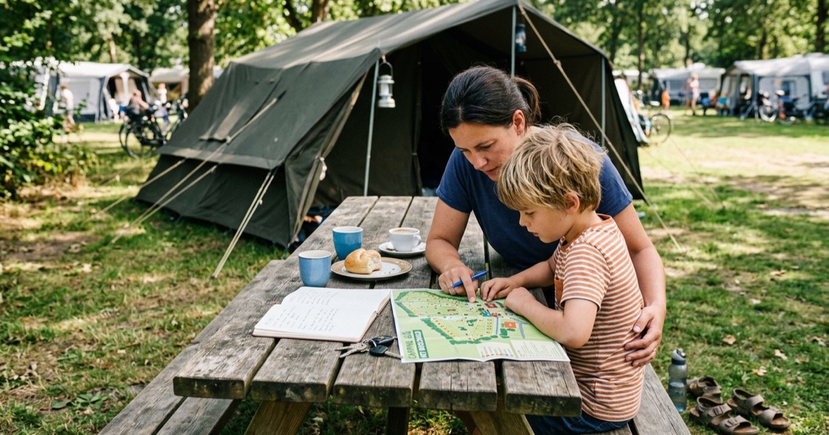 Ouder en kind aan picknicktafel met notitieblok en plattegrond van het campingterrein.