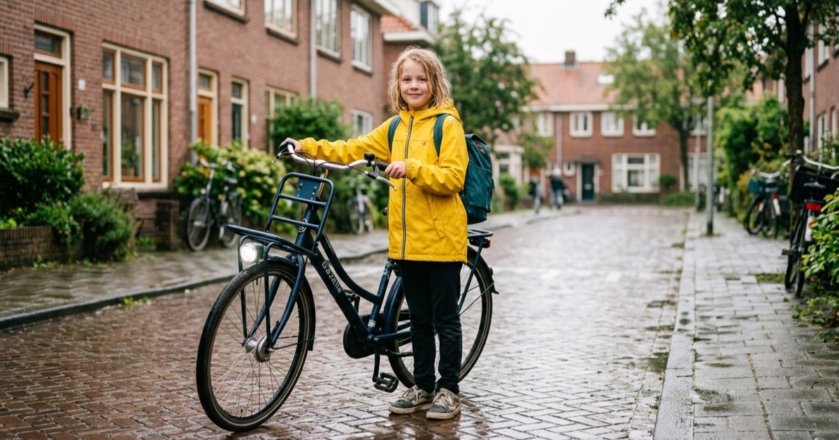 Kind in gele regenjas naast een fiets met aangezet voorlicht op een natte Nederlandse straat.