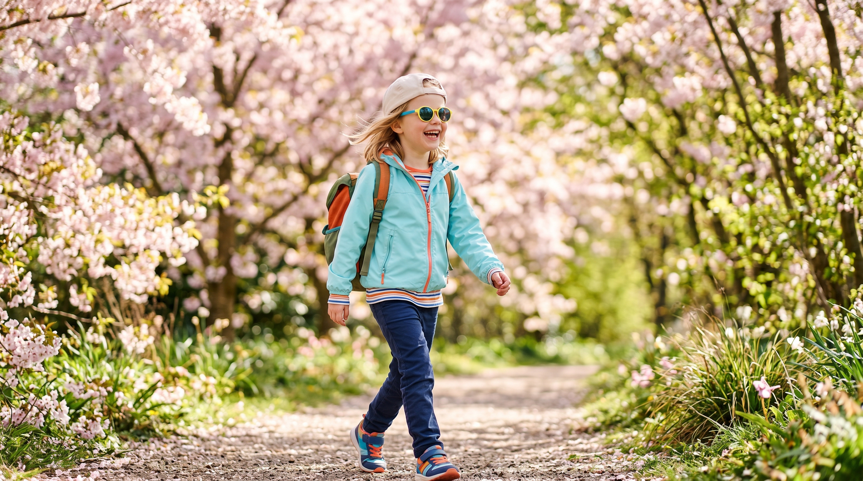 Vrolijk kind buiten in de lente met zonnebril en lichte gladde sport-jas onder bloesem-bomen, beschermd tegen pollen tijdens een wandeling.