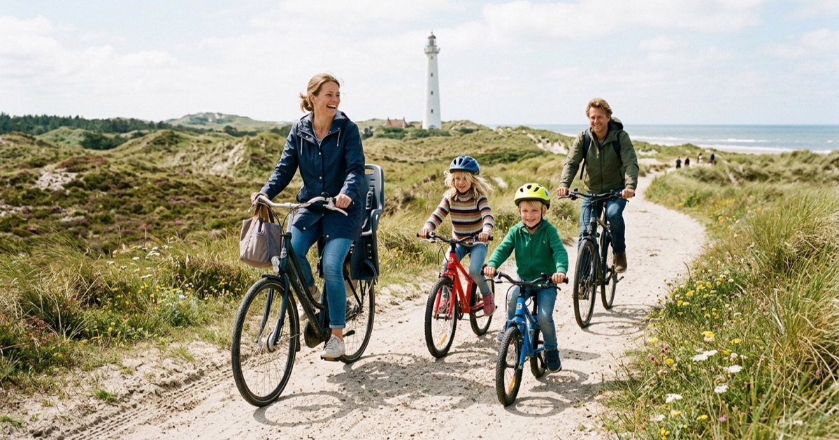 Een Nederlands gezin fietst over een duinpad op Ameland met de witte vuurtoren in de verte