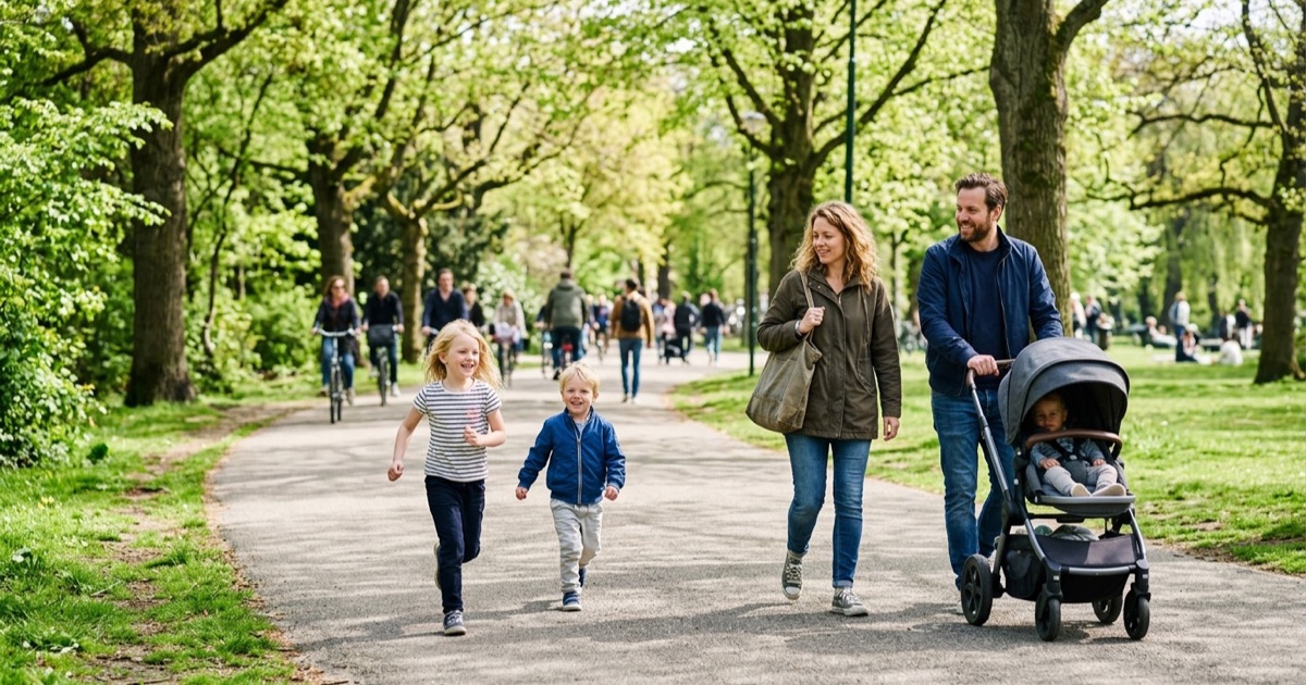 Een Nederlands gezin wandelt door een groen park in Amsterdam op een zonnige lentedag