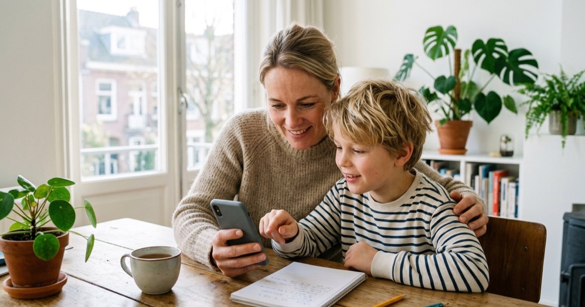 Ouder en kind kijken samen naar instellingen op een telefoon aan een tafel.