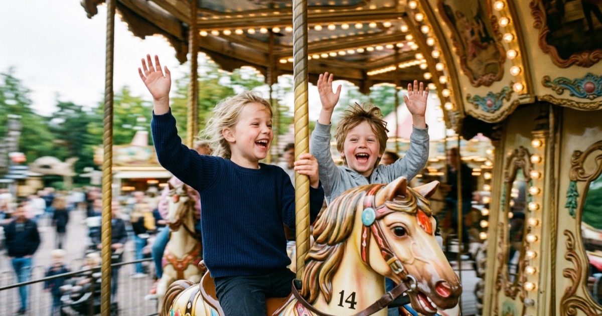 Twee Nederlandse kinderen lachen vrolijk op een carrousel met opgestoken handen in een attractiepark
