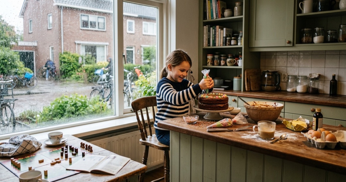 Kind versiert chocoladetaart in keuken op regenachtige zaterdag met regen op raam