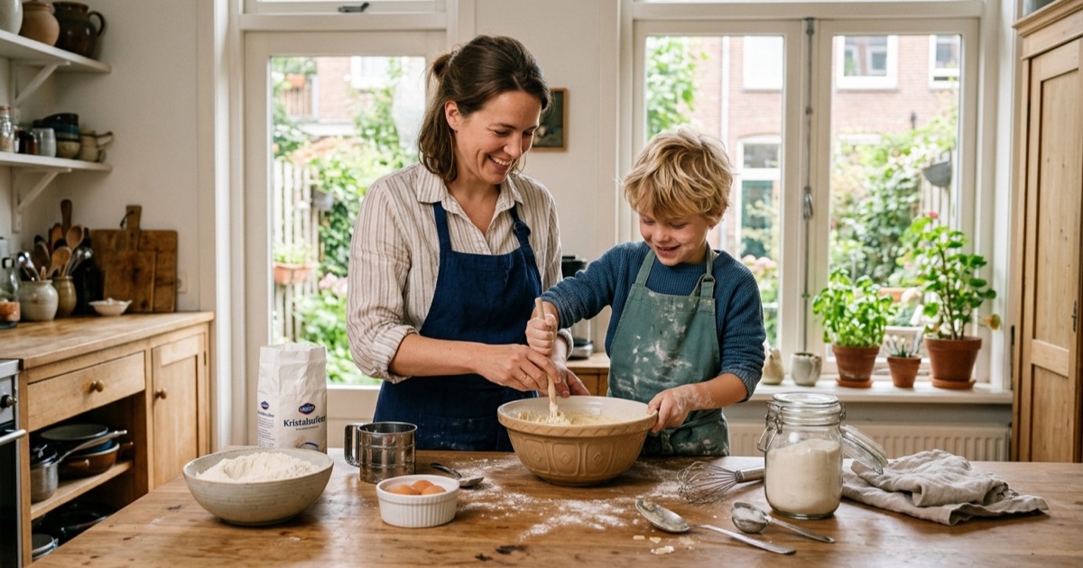 Ouder en kind bakken samen in de keuken aan kookeiland