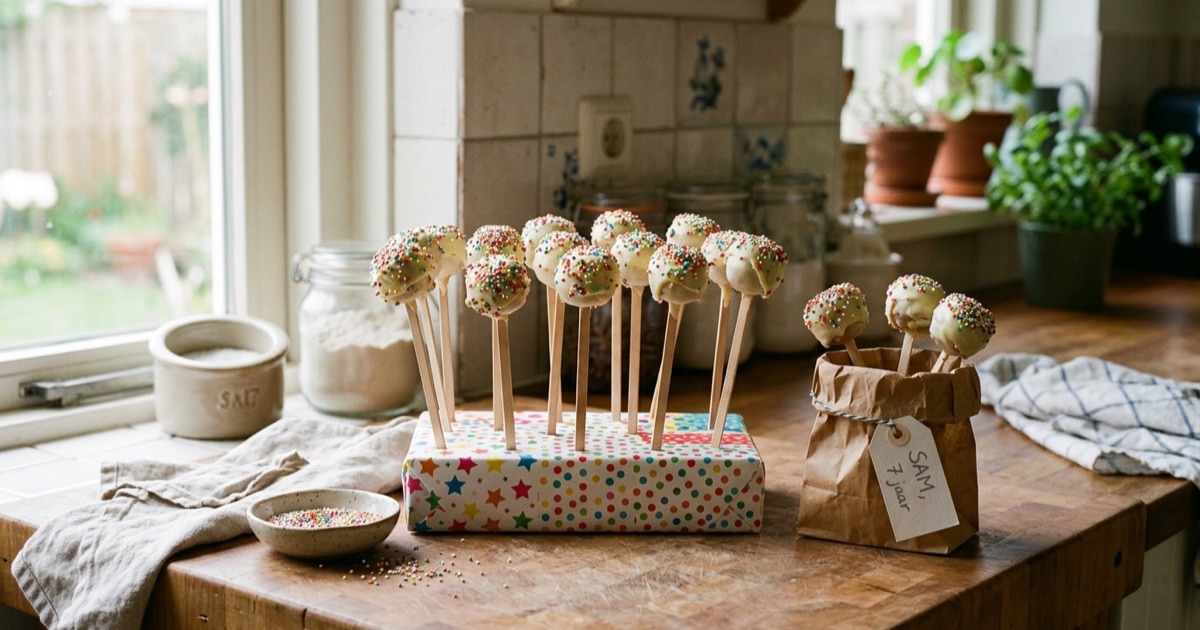 Zelfgemaakte cake-pops met witte chocolade en hagelslag in keuken