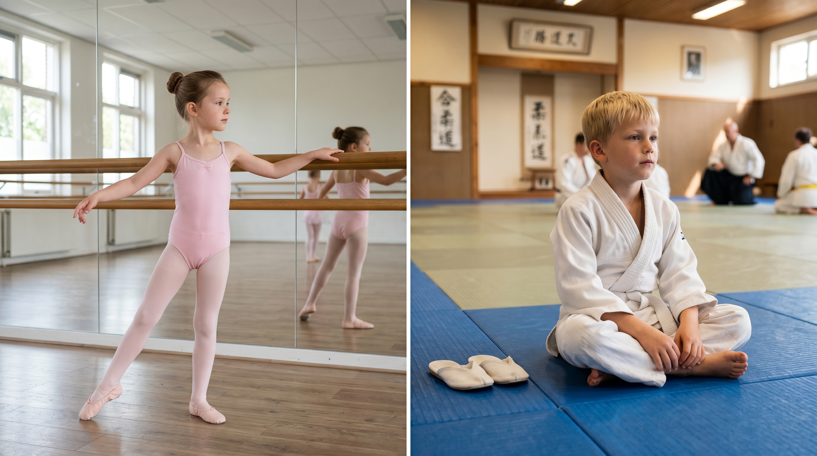 Jong meisje in roze balletpak in dansstudio en jongen in witte judogi op blauwe tatami-mat.