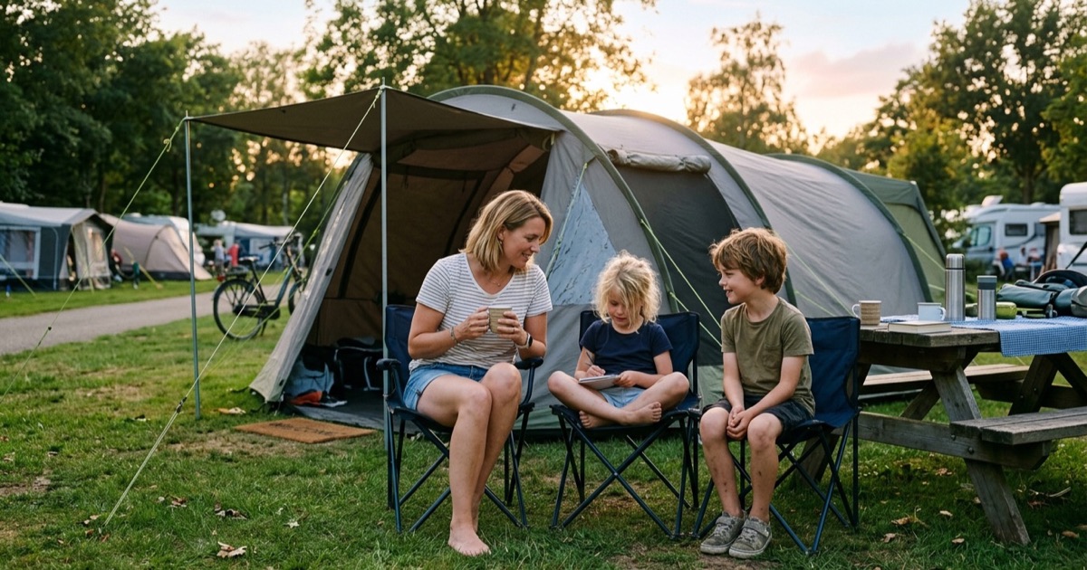 Gezin zit s avonds samen bij een tent in zachte zonsondergang.