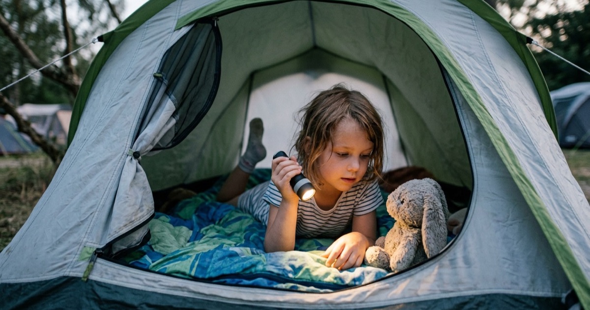 Kind ligt in een tent met een zaklamp tussen de slaapzakken in zacht avondlicht.