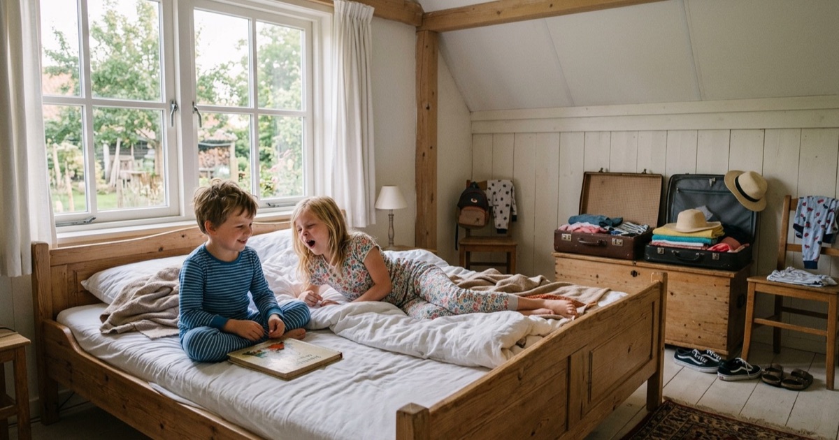 Kinderen in pyjama op bed in vakantiehuis met handdoeken over de stoel en zachte avondzon.