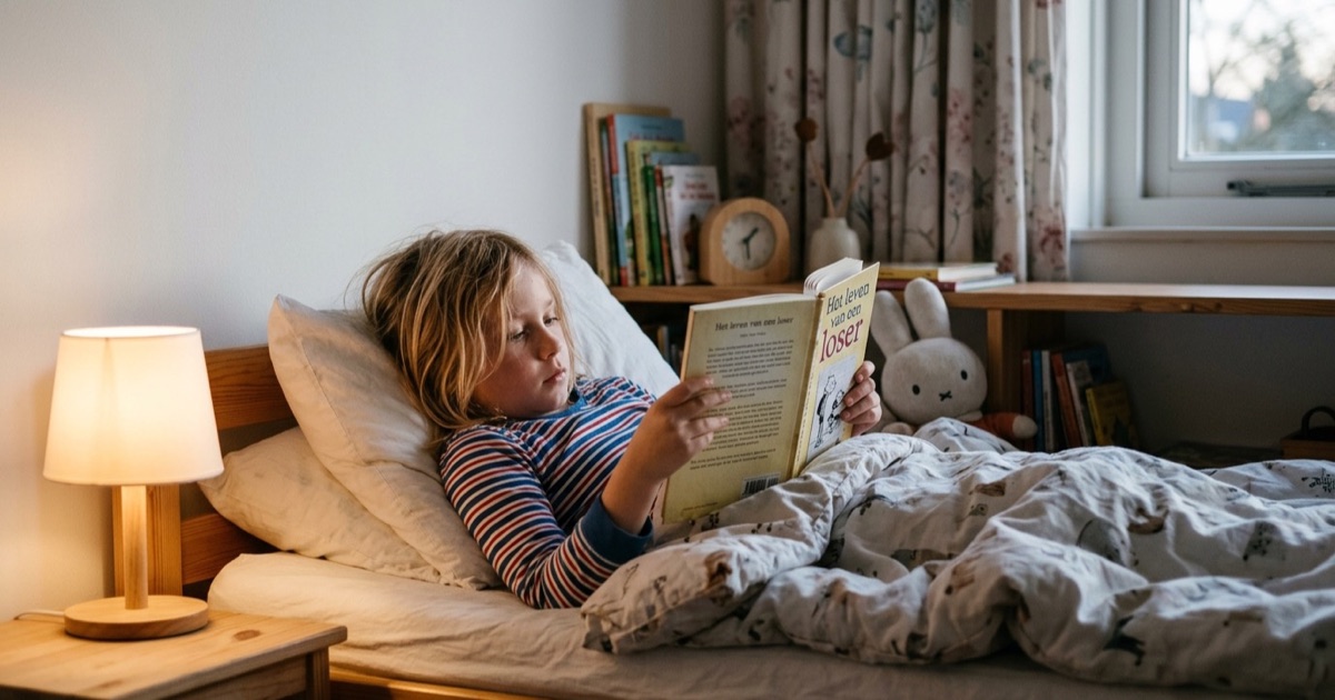 Kind in pyjama leest een boek in bed bij gedimd nachtlampje en knuffel naast het kussen.