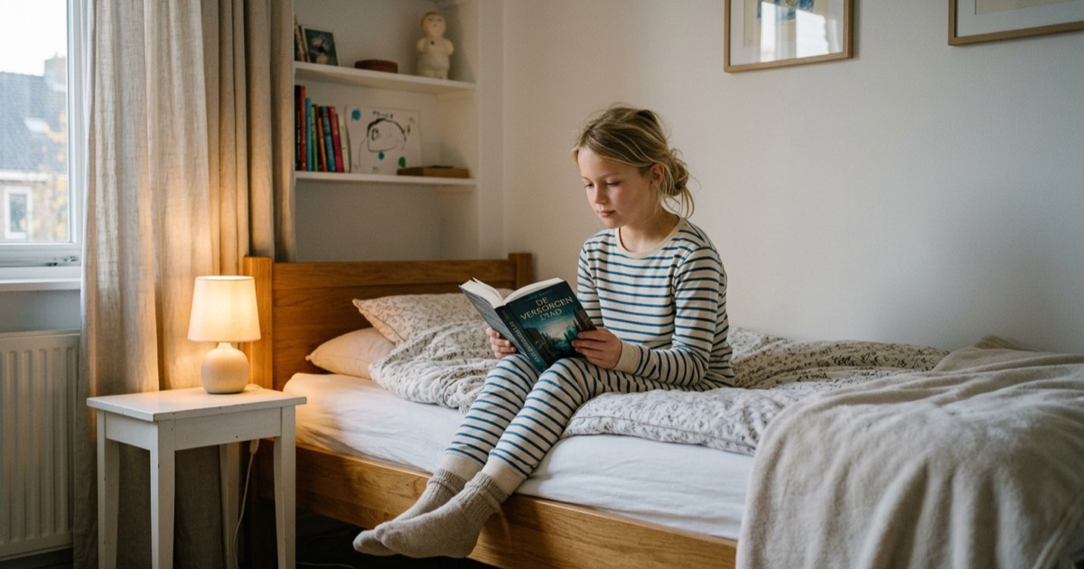 Tiener van een jaar of elf zit op de rand van het bed met boek in handen voor het slapen.