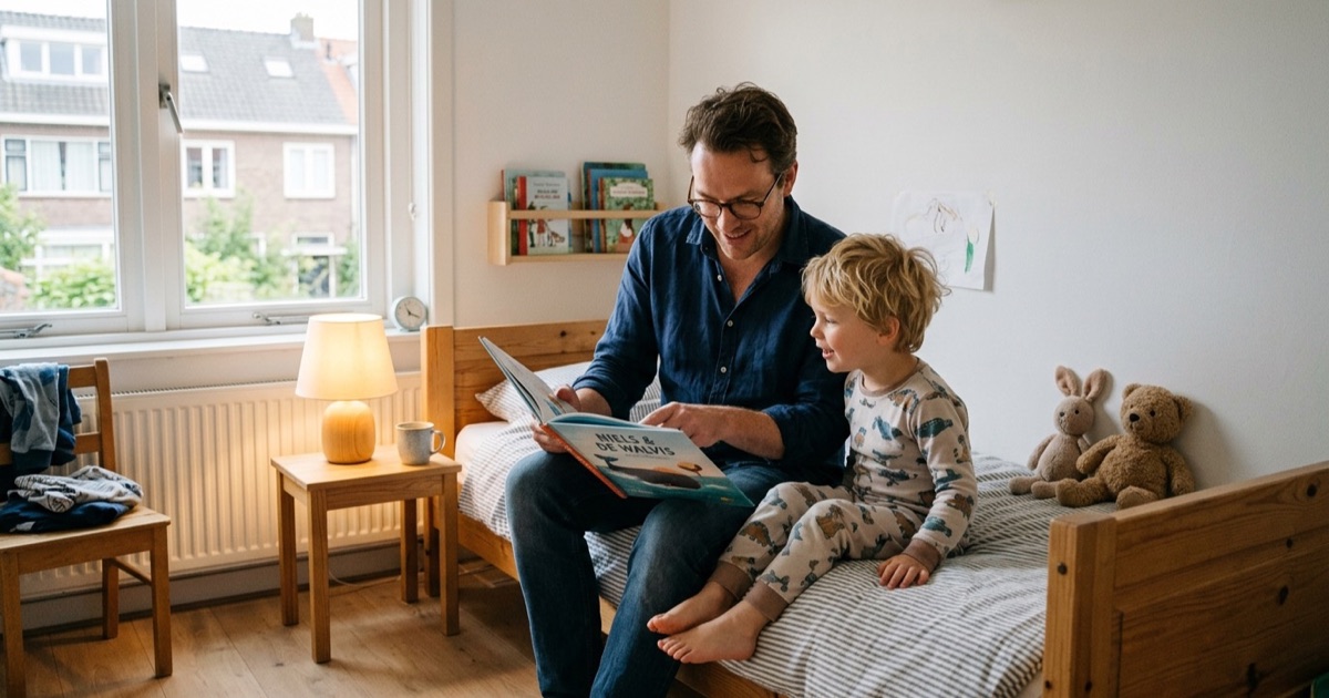 Ouder leest voor aan peuter in pyjama in zacht verlichte slaapkamer met knuffel.