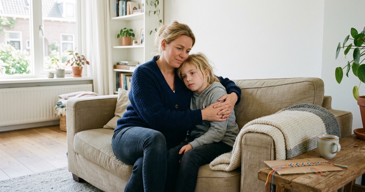 Een Nederlandse moeder zit op de bank met haar tienjarige dochter die troostend tegen haar schouder leunt.