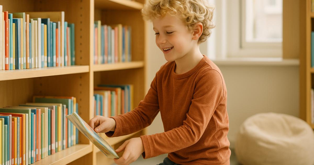 Kind kiest prentenboek in de kinderafdeling van een Nederlandse bibliotheek