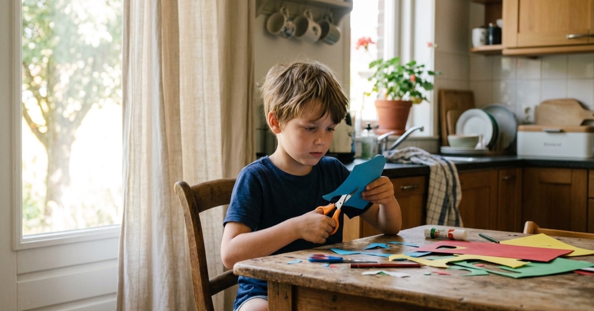Een kind knipt papier aan de keukentafel terwijl gordijnen half gesloten zijn tegen zomerse hitte buiten