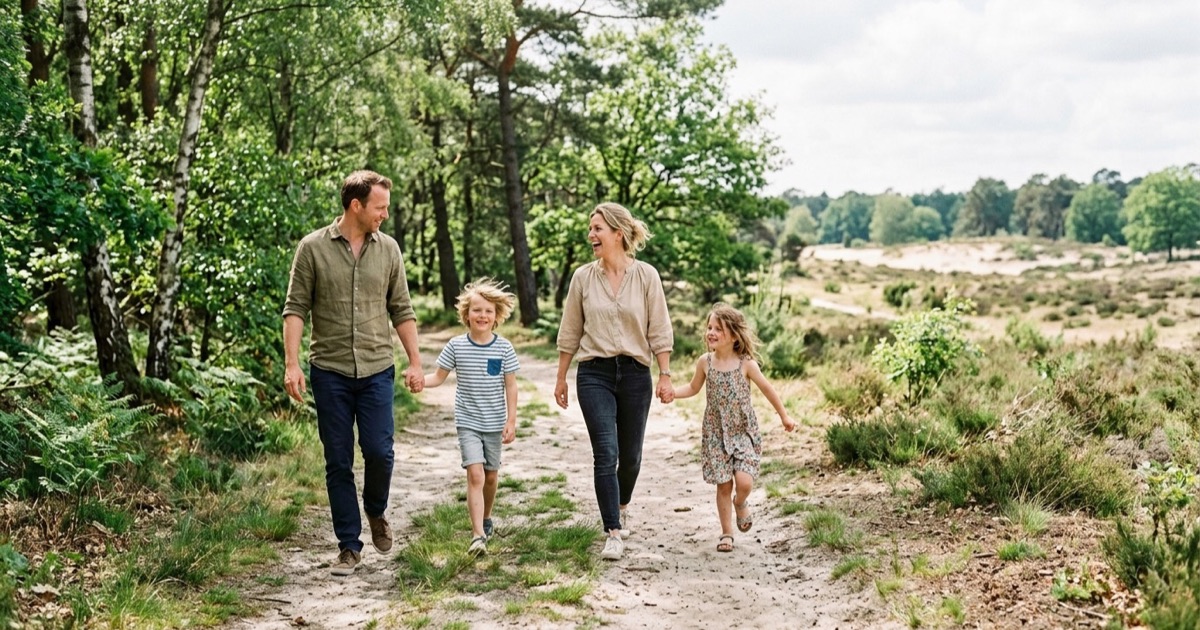 Een Nederlands gezin wandelt over een zandig pad in een Brabants natuurgebied met dennenbomen