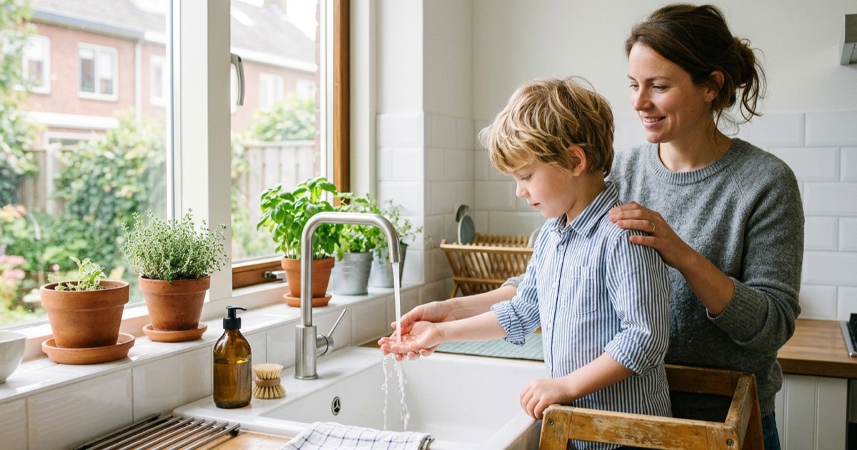 Hand van een kind onder lauw stromend water bij de keukenkraan, rustige lichte keuken.