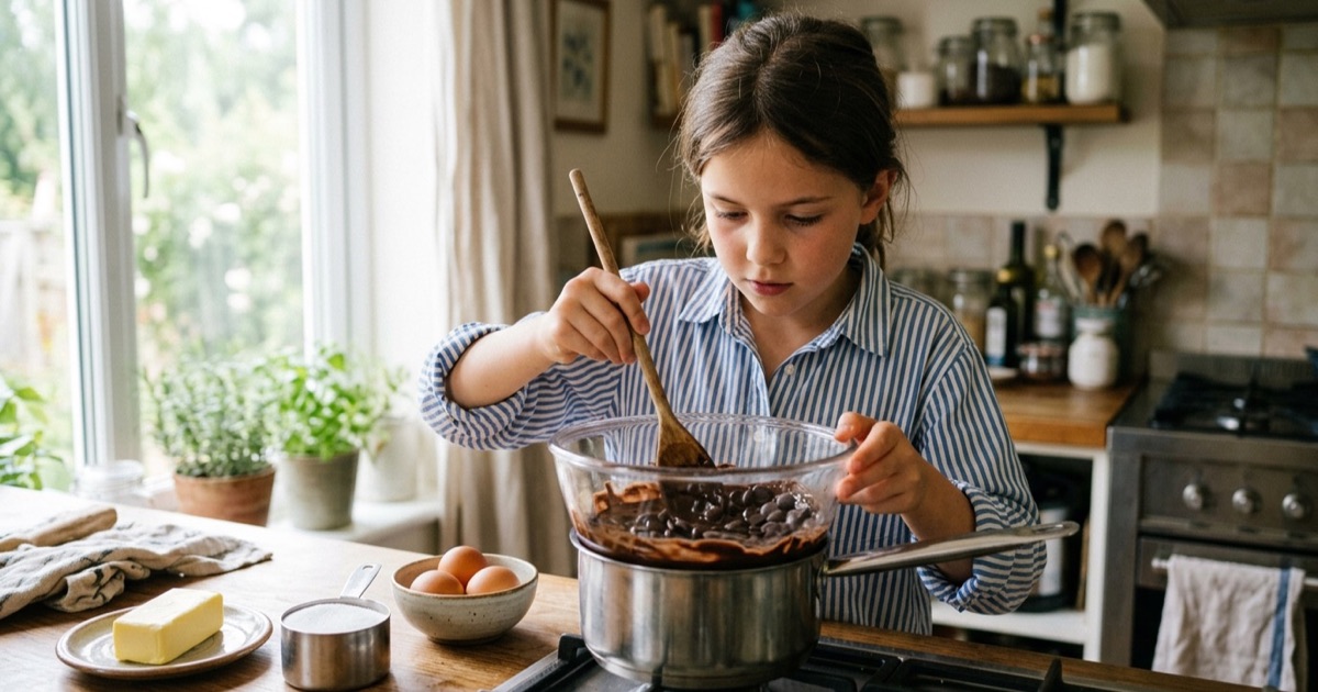 Kind smelt chocolade au bain-marie boven pannetje water