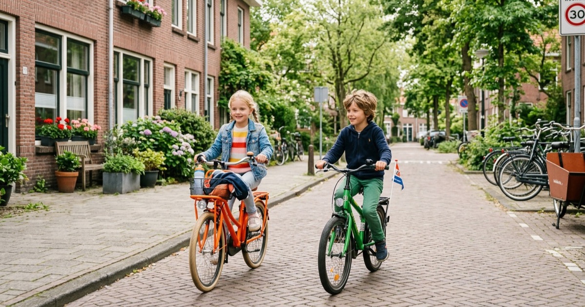 Twee kinderen van ongeveer zeven jaar fietsen rustig op een autoluwe Nederlandse buurtstraat in zacht middaglicht.